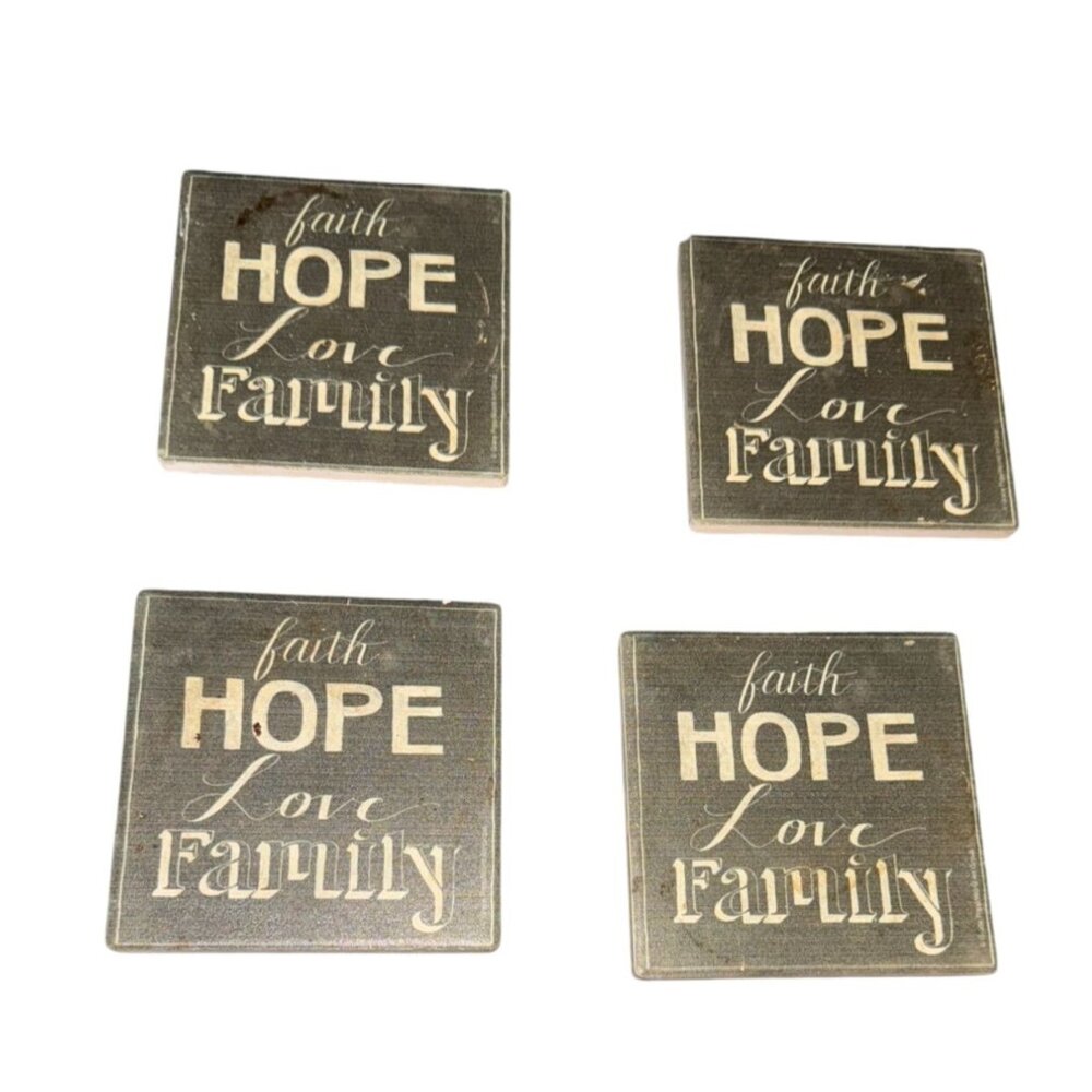 Set Of 4 Inspirational Faith Hope Love Family Wooden Coasters With Cork Bottom